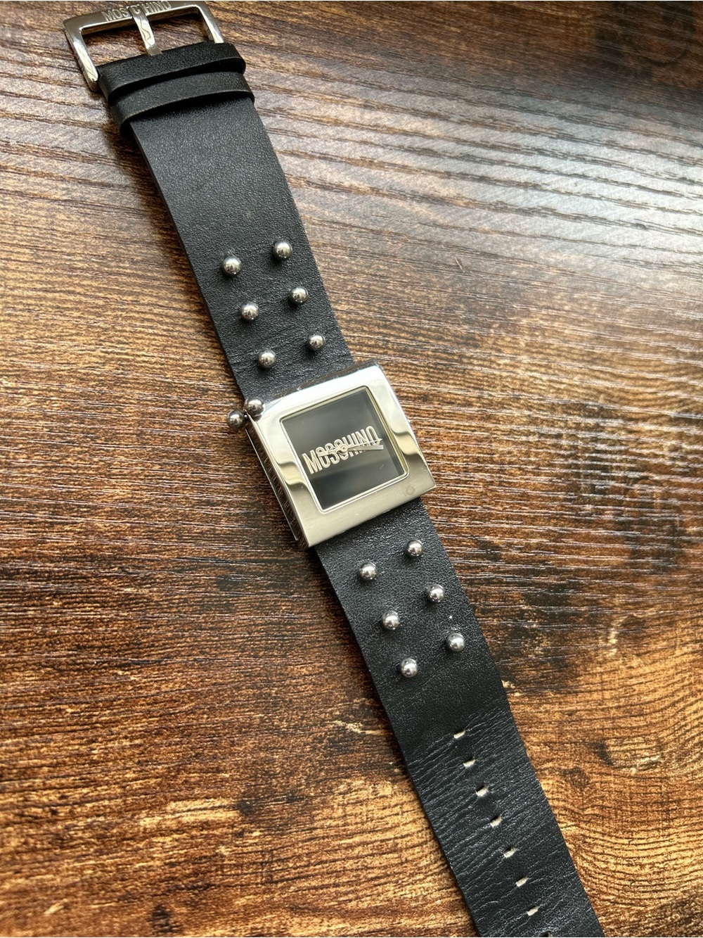 Vintage Moschino Black Studded Leather Wrist Watch